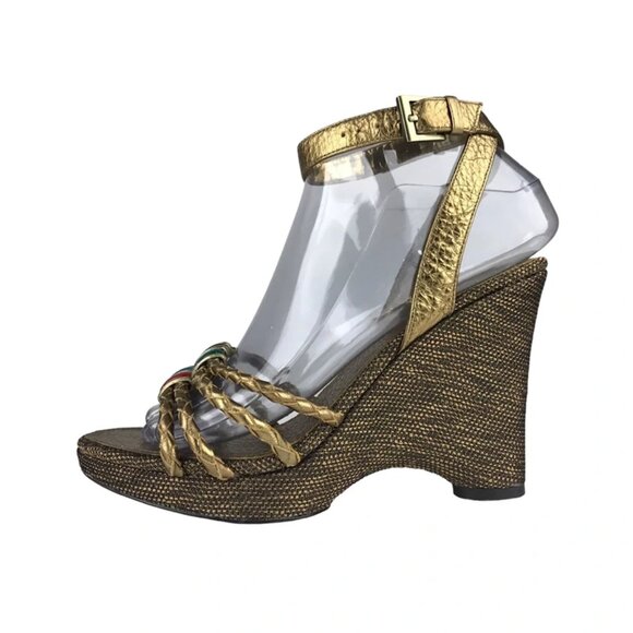 Enzo Angiolini Womens Gold Open Toe Adjustable Strap Wedge Slingback Sandal US 6 - Picture 2 of 10